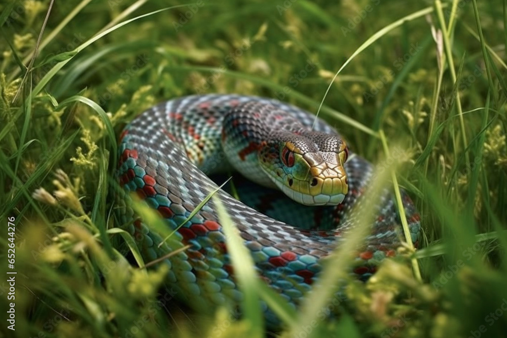 Fototapete a mesmerizing photograph of a snake slithering through grass, showcasing its sinuous form and unique