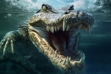  A powerful photograph of a crocodile lurking in water, highlighting its rugged scales and sharp teeth.  Generative AI technology.