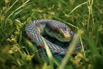 Obraz premium A mesmerizing photograph of a snake slithering through grass, showcasing its sinuous form and unique patterns. Generative AI technology.