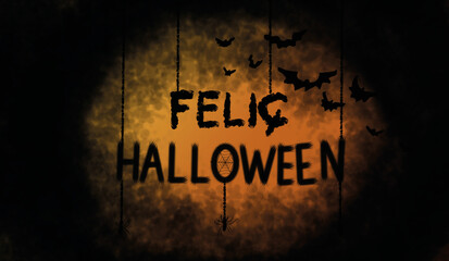 Happy Halloween text in Catalan with spiders hanging and birds flying.