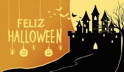 Happy Halloween text in Spanish with spiders and pumpkins hanging. Halloween night background with castle on top of mountain and moon in the background.