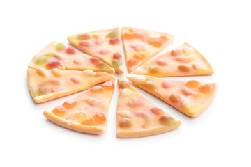 Jelly candy in the shape of a pizza isolated on white background.