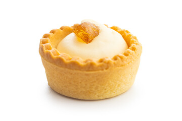 Sweet tarlets. Tasty mini tarts. Mini pie with cream isolated on white background.