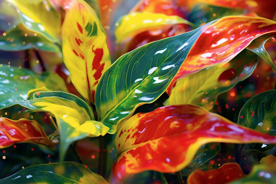 An abstract surreal photograph of a Ayahuasca analog plants (Psychotria viridis, Diplopterys cabrerana) splashed in bright paint,  Generative AI technology.