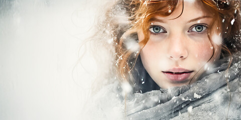 Stunning close-up of a redhead woman's face in snowy cold, with contrasting icy blue eyes and warm hair hues, ample white space for text.