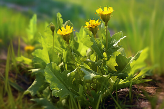 An artistic photo of Wild lettuce (Lactuca virosa), with its tall, leafy stalks, small yellow flowers, and potential sedative and pain-relieving effects.  Generative AI technology.