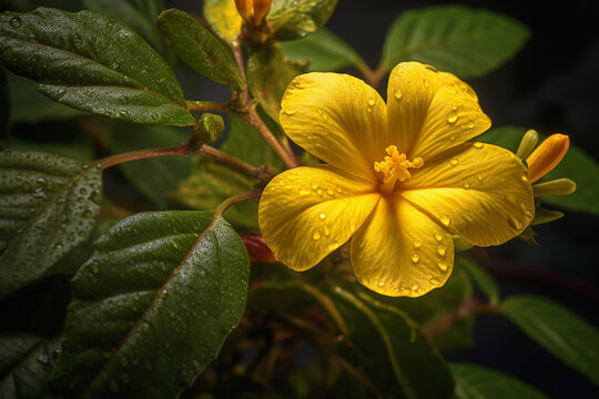 A close-up shot of Damiana (Turnera diffusa), displaying its small yellow flowers, aromatic leaves, and its historical use as an aphrodisiac and relaxant. Generative AI technology.