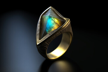 A photo of a statement ring crafted with a large piece of Labradorite gemstone, showcasing its mesmerizing play of colors,  Generative AI technology.
