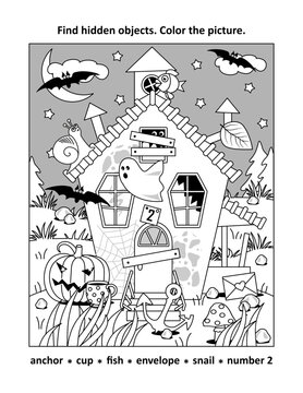 Find hidden objects picture puzzle and coloring page. Halloween haunted house.
