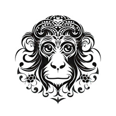 Ornate Monkey Icon, Monkey Portrait Isolated, Chinese Horoscope Minimal Symbol on White Background