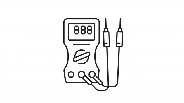 2D black thin line animation of digital multimeter, HD video with transparent background, seamless loop 4K video representing measurement instrument.
