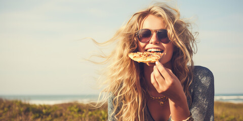 Captivating blonde woman immersed in peaceful serenity, relishing cold-toned pizza slice. Portrays simplicity, freedom and independent hippie lifestyle.