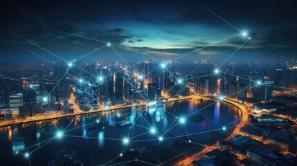 Modern city with wireless network connection and city scape background. - obrazy, fototapety, plakaty