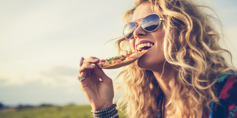 Captivating young, cool blonde woman indulging in pizza amidst nature, rendered in desaturated cold hues giving it a serene, free-spirited, and peaceful hippie vibe. - obrazy, fototapety, plakaty
