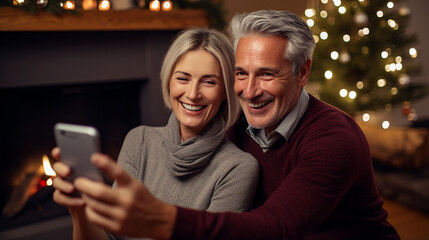 A mature married couple is holding a smartphone in their hands and talking on a video call against the backdrop of a Christmas tree.