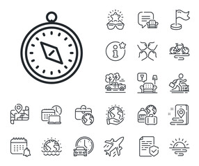 Trip sign. Plane jet, travel map and baggage claim outline icons. Travel compass line icon. Holidays symbol. Travel compass line sign. Car rental, taxi transport icon. Place location. Vector