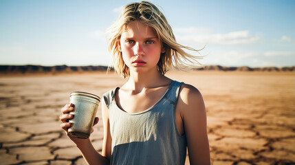 Poignant close-up of alone young girl clutching cup of dirty water in a stark barren landscape, depicting scarcity against nature's freedom.