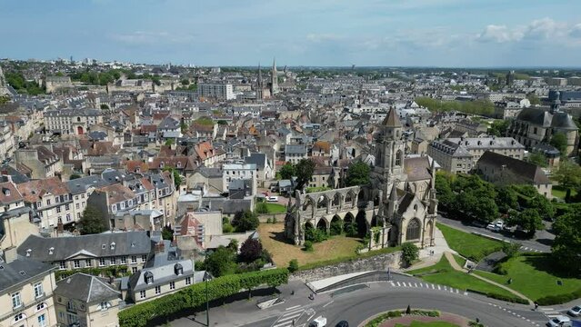 ld St. Stephen's Church Caen Normandy France panning drone,aerial