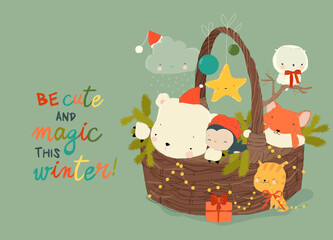 Cute Funny Animals sitting on Christmas Basket
