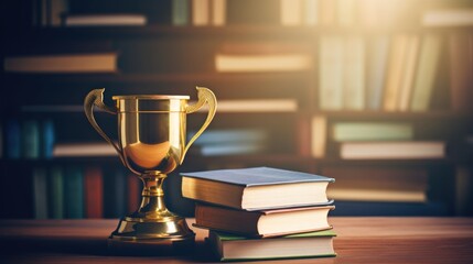 Stack of books with golden cup trophy and medal background. - obrazy, fototapety, plakaty