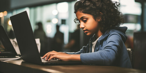 Inspiring modern Indian girl engrossed in coding on laptop at contemporary co-working space. Subdued, cold hues enhancing focus and freedom.