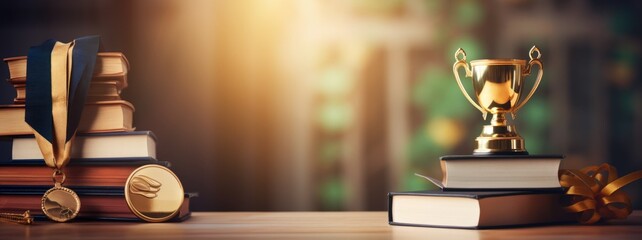 Stack of books with golden cup trophy and medal background.