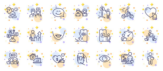 Outline set of Volunteer, Friend and Shop app line icons for web app. Include Online auction, Teamwork, Social care pictogram icons. Teacher, Chin, Doctor signs. Timer, Phone video, Work home. Vector
