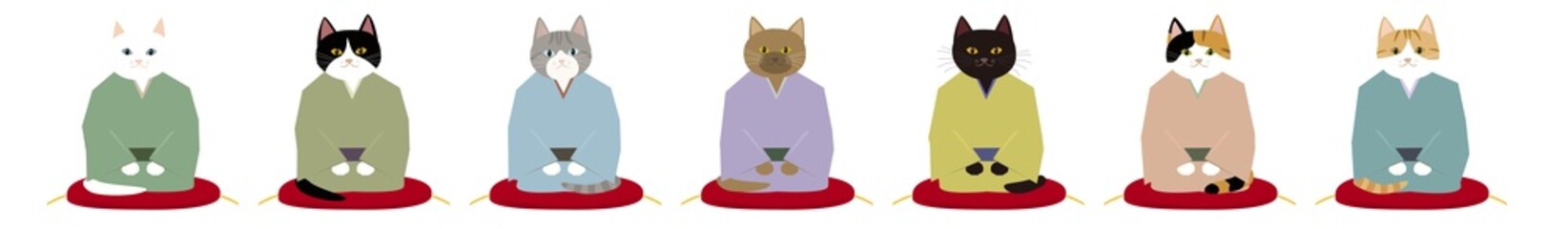 着物を着た7匹の猫　並んだ猫の落語家