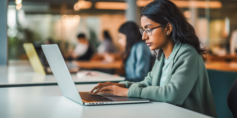 Inspirational young Indian woman engaged in coding on laptop, emanating a vibe of freedom and passion in a modern co-working space. Featuring bland colors with a cold filter.