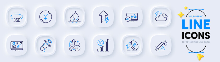 Difficult stress, Candlestick chart and Waterproof line icons for web app. Pack of Analytics graph, 360 degrees, 5g wifi pictogram icons. Vaccine attention, Energy growing, Yen money signs. Vector