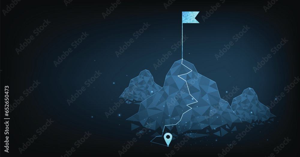Poster The path to success in the digital futuristic style concept. Targets for business investment concepts. The blue flag consisting of polygons represents setting goals correctly on a dark background.	
