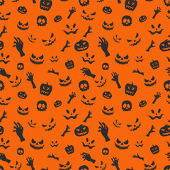 Halloween pattern with orange cute pumpkins flying bats skills and  scary faces isolated on black background