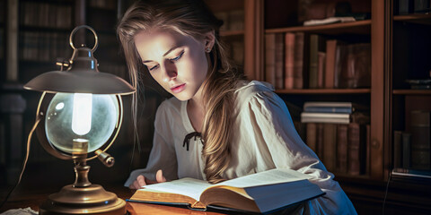 Captivating close-up of a student illuminated by desk lamp, engrossed in research with an antique book. Balanced blend of cold colors highlights the tranquility of study.