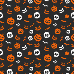 Halloween pattern with cute pumpkins flying bats skills and  scary faces isolated on black background