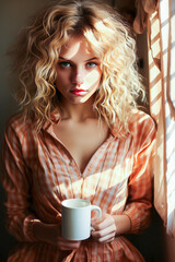 Captivating vintage-styled woman, blonde, soft eyes, holding warm coffee in a cafe. Shadow-play highlighting her hippie yet cool persona.