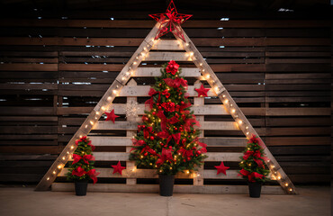 a free standing wall made of pallet wood, symmetrical, in the middle of a christmas tree farm decorated in poinsettia flowers and garland with christmas lights on a winter day