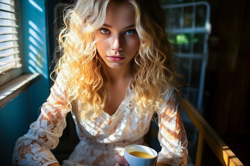 Gentle blonde savours her coffee in sunlight, embodying the vintage charm of American hippie culture.