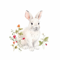 Beautiful composition with hand drawn watercolor forest white rabbit animal and plants withh berries. Stock illustration. Popular design.