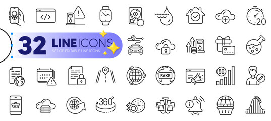 Outline set of Seo script, Edit person and House security line icons for web with Information bell, Dishwasher timer, Lock thin icon. Gift card, Hydroelectricity. Design with yellow 3d stars. Vector