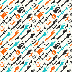 Obraz premium Halloween colorful seamless flat pattern with pumpkins flying bats scary face ghost and skulls
