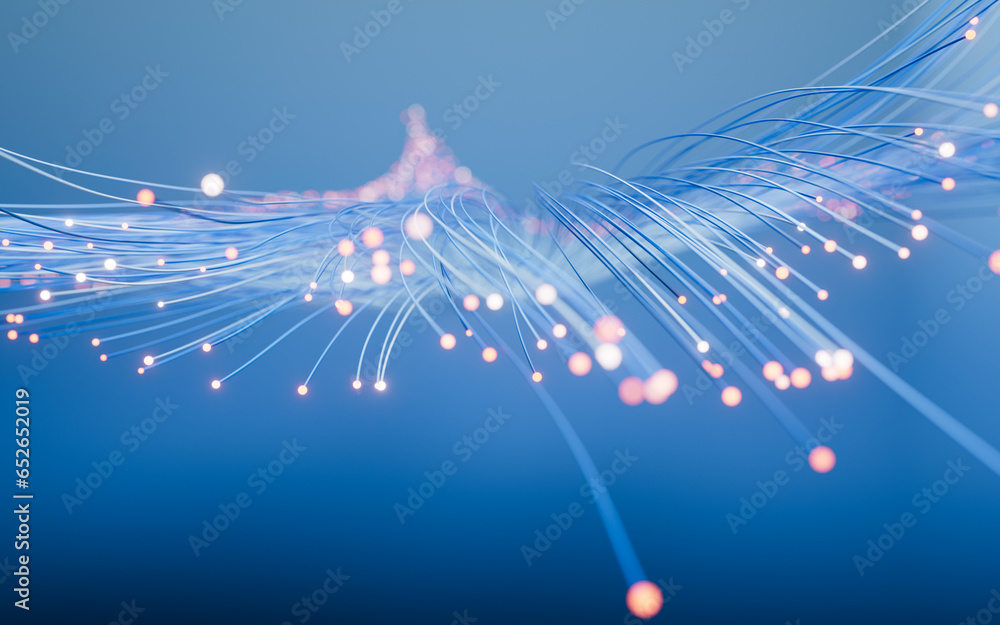 Poster flowing neon curve lines background, 3d rendering.