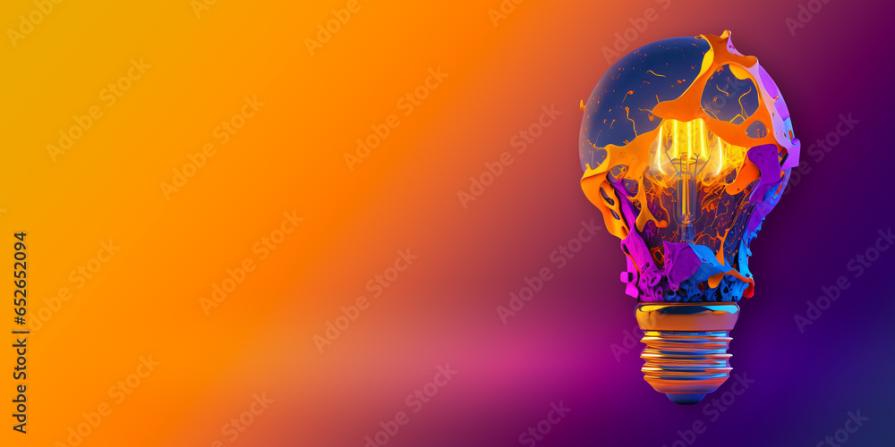 Wall mural a colorful glowing idea bulb lamp banner with copy space, visualization of brainstorming - bright id