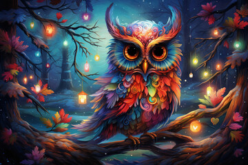 colorful owl in a forest at night, decorated with christmas lights, beautiful art