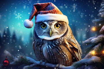 funny christmas owl with santa hat in the night on a snow covered branch