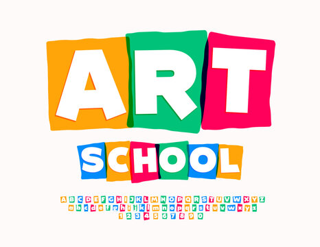 Vector creative banner Art School. Colorful artistic Font. Funky set of Alphabet Letters and Numbers