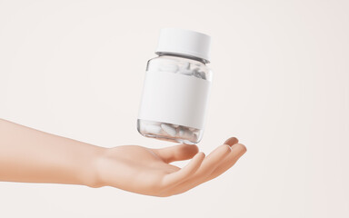 Medical bottle in a hand, 3d rendering.