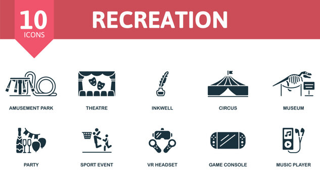 Recreation set. Creative icons: museum, award, ticket, dance, popcorn, television, party, sport event, vr headset, game console, music player.