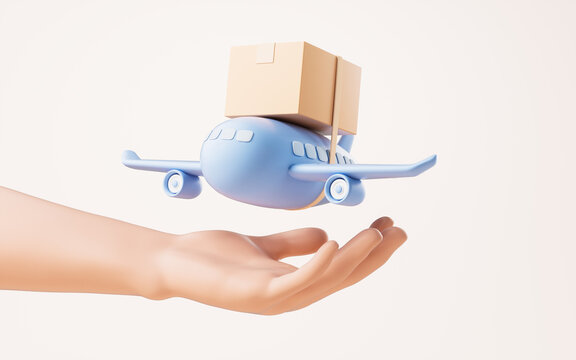 A Cartoon Plane Carrying A Box In A Hand, 3d Rendering.