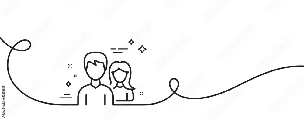 Poster group line icon. continuous one line with curl. users or teamwork sign. male and female person silho
