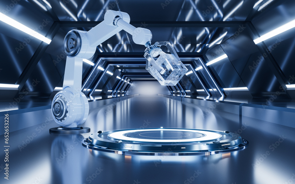 Aufkleber mechanical arm and empty stage, 3d rendering.